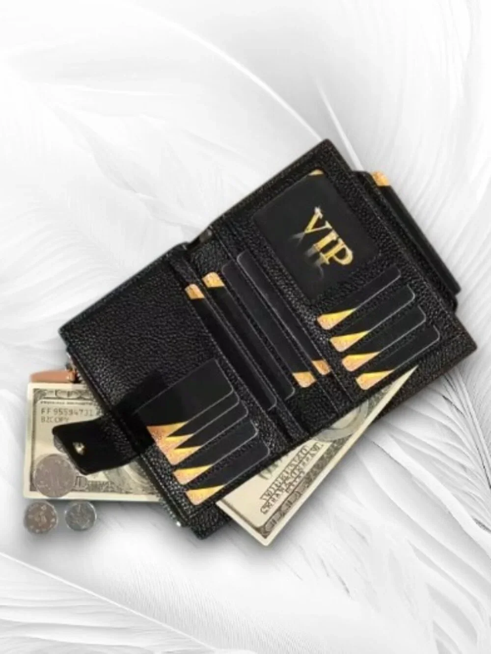 Black Pebbled Leather Zip Wallet Card Holder Compact Organizer